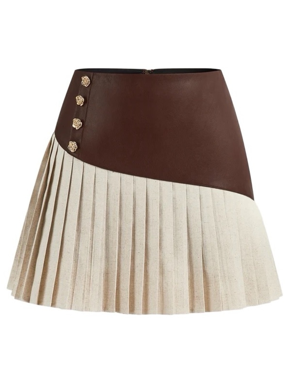 Commense Brown PU Panel Cotton & Linen Pleated Mini Skirt XL